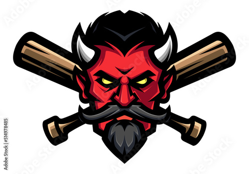 Logo demon, devil, Satan, monster, with crossed baseball bats. Halloween art in a flat style. Sport mascot, e-sports label.
