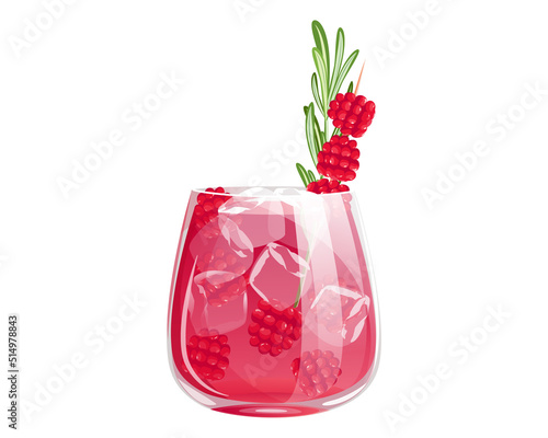 Raspberry cocktail.A summer refreshing drink with raspberries, ice and rosemary.Vector illustration.