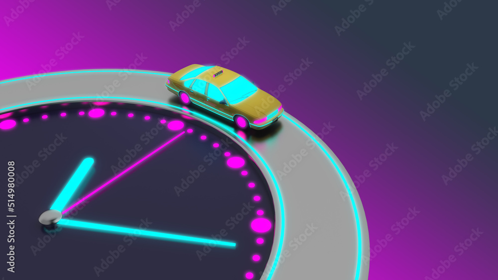 Fototapeta premium neon taxi car rides on the clock face