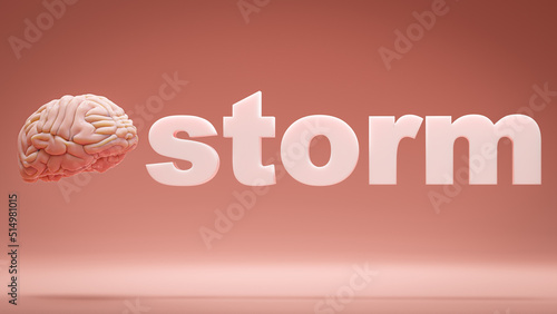Human brain making word brainstorm. Concept of inspiritation, creativity, idea, education, innovation and energy. 3D rendering.