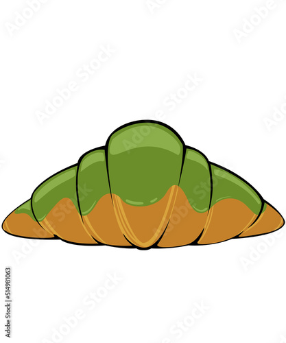 hand drawing croissant light brown bread matcha tea cream bakery food. illustation and vector white background and isolation