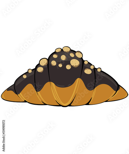 croissant light brown bread chocolate cream peanuts on top. Bakery food white background and isolation