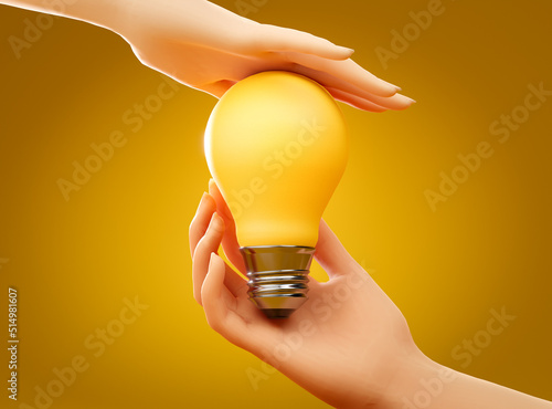 Two human hands holding yellow incadescent light bulb. Concept of energy saving, ecology, innovation,environment care and protection. 3D rendering. photo