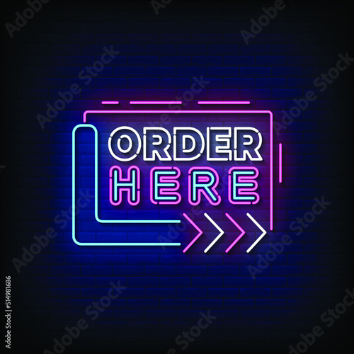 Neon Sign order here with Brick Wall Background Vector
