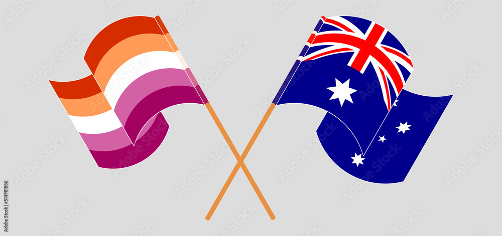 Crossed and waving flags of Lesbian Pride and Australia Crossed and waving flags of Lesbian Pride and Australia