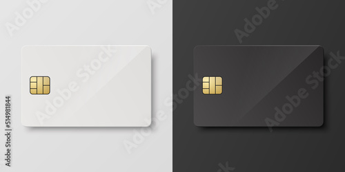 Vector 3d Realistic White and Black Blank Empty Credit Card Set. Plastic Credit, Debit Card Design Template for Mockup, Branding. Credit Card Payment Concept. Top View