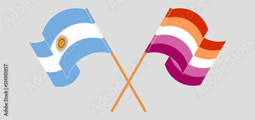 Crossed and waving flags of Argentina and Lesbian Pride