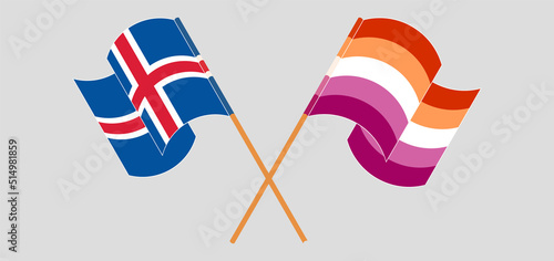 Crossed and waving flags of Iceland and Lesbian Pride