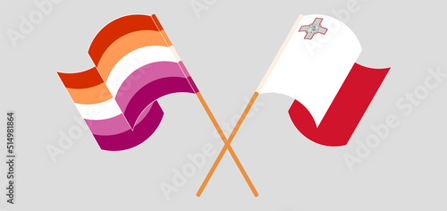 Crossed and waving flags of Lesbian Pride and Malta