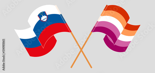 Crossed and waving flags of Slovenia and Lesbian Pride