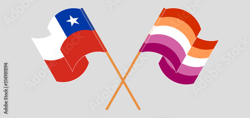 Crossed and waving flags of Chile and Lesbian Pride