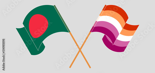 Crossed and waving flags of Bangladesh and Lesbian Pride