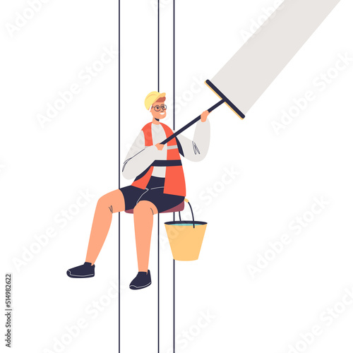 Glass cleaner man washing skyscraper windows. Window washer on ropes clean building outside