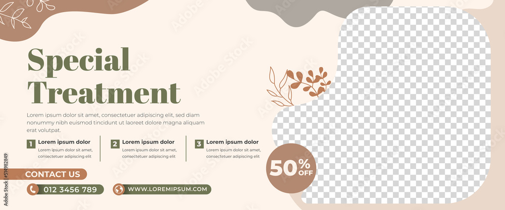 Spa and beauty care banner design template. Abstract banner template with earth tone color and botanical decoration. Banner design with place for the photo.