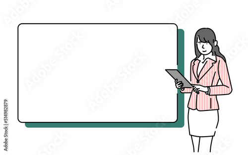 A career woman who uses tablets to present her presentation smartly on the blackboard