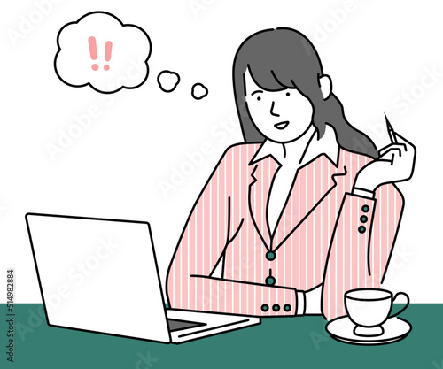A career woman who is happy to discover important matters and come up with ideas during work