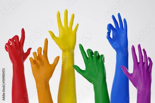 Raised up hands paintied in rainbow colors over white background. Rigths and freedom of lgbt people.Concept of lgbtq, pride, equality, gay community and diversity. 3D rendering.
