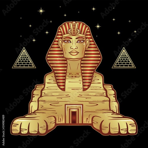 Animation color portrait: Egyptian sphinx body of a lion and the head of a man. Pyramid symbols. Egypt history. Vector illustration isolated on a black background. 