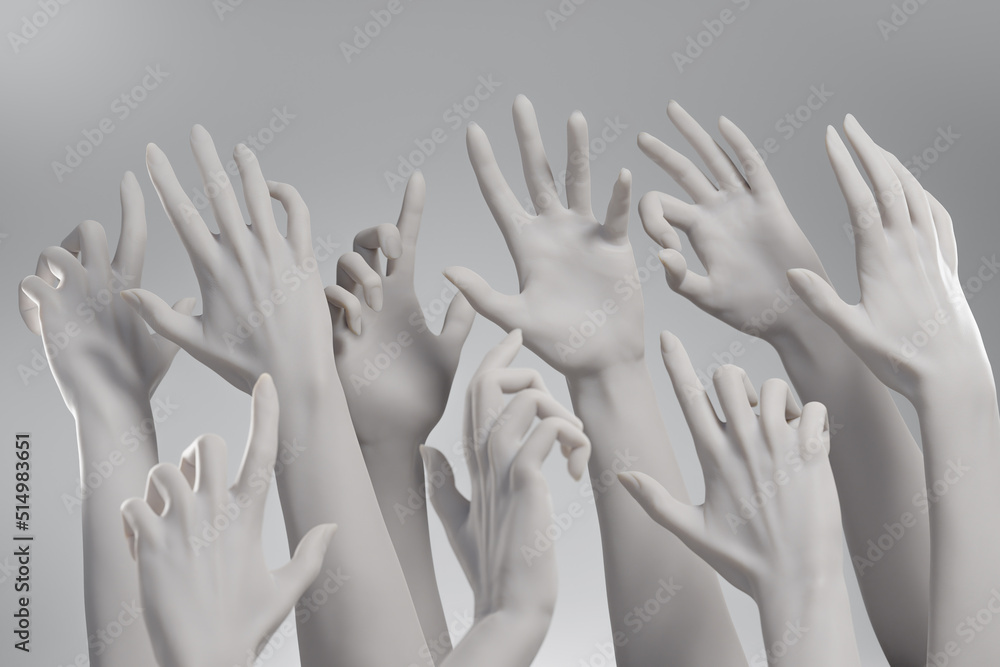 Lots of marble hands with different gestures raising up. Concept of democracy, elections, diversity and equity. 3D rendering. Lots of marble hands with different gestures raising up. Concept of democracy, elections, diversity and equity. 3D rendering.