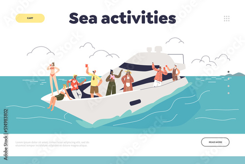 Sea activities concept of landing page with young people resting on yacht enjoy yacht cruise