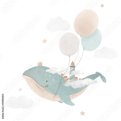 Beautiful baby clip art composition with cute watercolor flying whale lighthouse and air balloons. Children stock illustration. photo