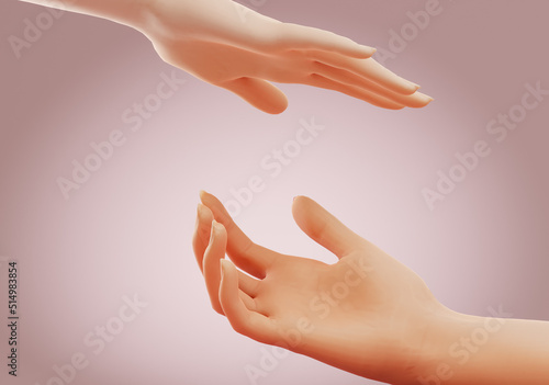 Fotografie, Tablou Two hands reaching on another over pink background
