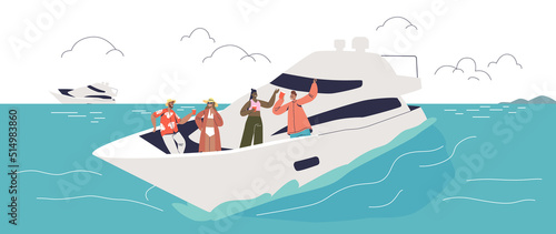 Group of people relax on luxury yacht in ocean. Friends spend summer vacation in sea travel together