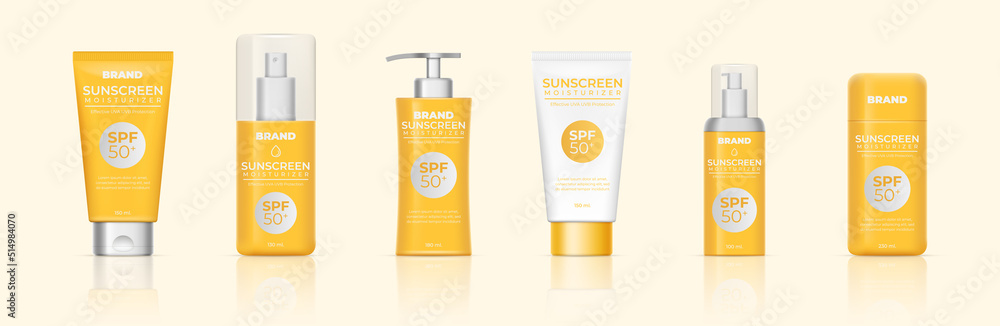 Sun protection package mockup set. Body lotion or cream tubes for UV protection and moisturizing Sun protection package mockup set. Body lotion or cream tubes for UV protection and moisturizing