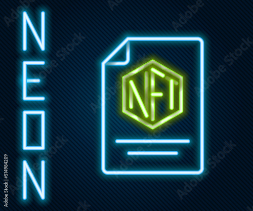 Glowing neon line NFT contract icon isolated on black background. Non fungible token. Digital crypto art concept. Colorful outline concept. Vector