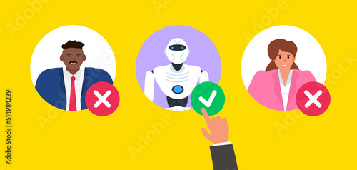 businessman hand picking robot humanoid avatar and cancel man and woman vector illustration