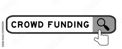 Search banner in word crowd funding with hand over magnifier icon on white background