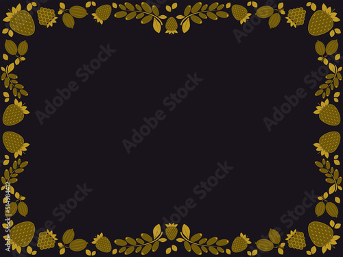 Art deco frame. Vintage frame with wild berries. Flat berries in style of the 1920s - 1930s. Gold berry on black background. Design for invitations, leaflets and greeting cards. Vector illustration