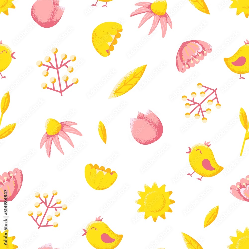 Baby nursery seamless pattern, kids fabric print with yellow sun, bird and pink flowers. Child room wallpaper, wrapping or cards. Cute bright vector summer texture