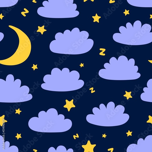 Sleepy seamless pattern with clouds moon and stars. Pajama cloth print, cloud silhouette and yellow crescent on night sky. Sweet dreams vector background