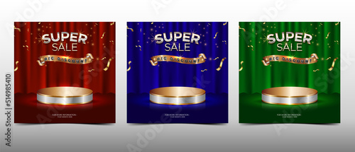 Super sale online shopping banner with white and gold podium, curtain and confetti