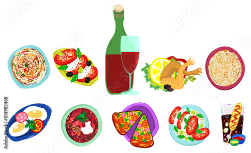 Vector bright collection of various tasty plate on white background.
Pasta, caprese salad, bottle of red wine, frog legs, pancakes, fried egg, borsch soup, pizza, corn dog with cola.