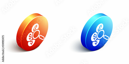 Isometric Search for money icon isolated on white background. Orange and blue circle button. Vector