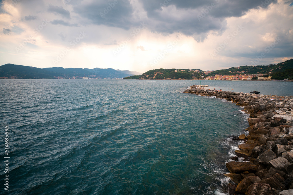 Clouds over Mediterranean Sea in Italy. 5 Terre Landscape view from Lerici
