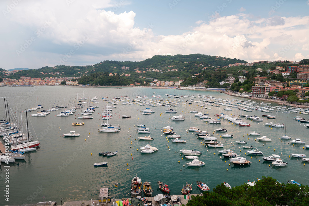 Lerici, Italy - June 9. 2021: Boats on anchor at Port of Lerici close to Cinque Terre Lerici, Italy - June 9. 2021: Boats on anchor at Port of Lerici close to Cinque Terre