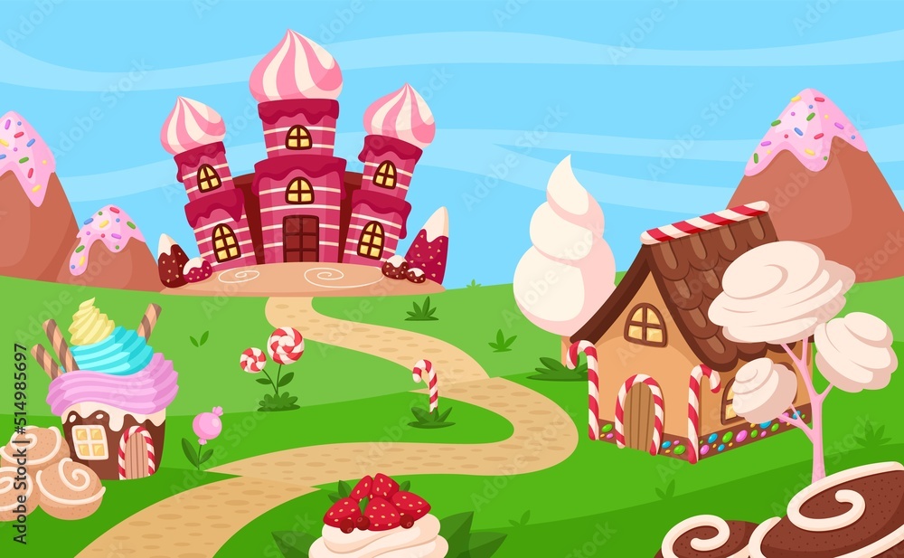 Sweet candy game location. Chocolate candies, biscuits home and dessert cartoon castle. Kids gaming background, fairy tale garish vector panorama