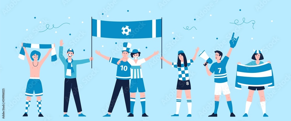 Sport fans group. Laugh sports fan team, football cartoon cheers characters. Flat teenagers friends support soccer on stadium recent vector people