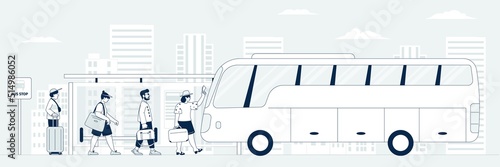 Bus travel. Commuter recreation ride, tourists transportation from bus station. Routes and line, travellers with luggage run to shuttle from airport recent vector scene