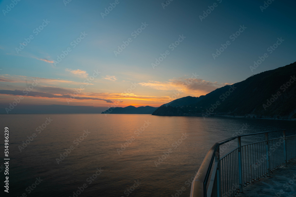 Sunset at the Mediterranean Sea in 5 Terre. Beautiful Sunrise