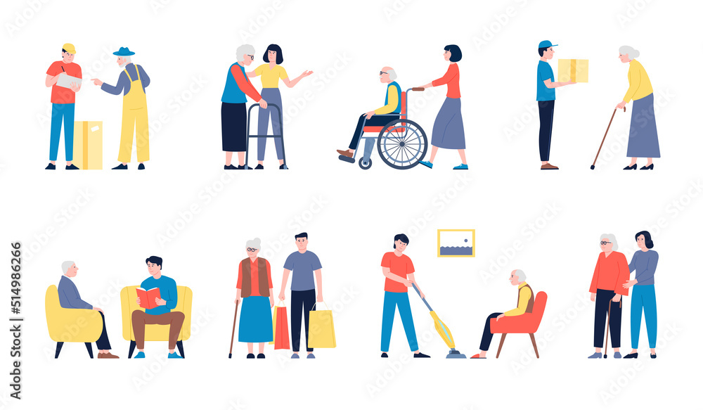 Social workers. Elderly seniors care volunteers, teenager volunteering. Person volunteer support old people. Man in wheelchair, charity recent vector team