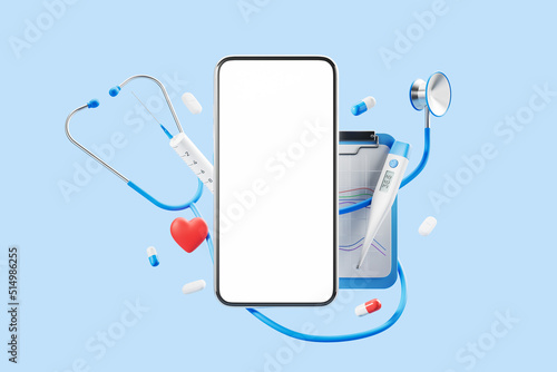 White screen smartphone with stethoscope, thermometer and tablet. The concept of an appointment with a doctor, online pharmacy. Mock up. 3d rendering