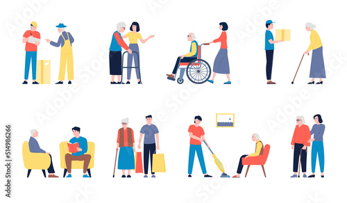 Social workers. Elderly seniors care volunteers, teenager volunteering. Person volunteer support old people. Man in wheelchair, charity recent vector team