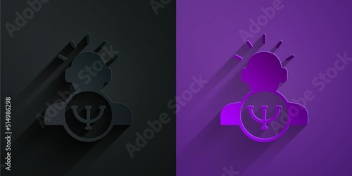 Paper cut Psychology icon isolated on black on purple background. Psi symbol. Mental health concept, psychoanalysis analysis and psychotherapy. Paper art style. Vector