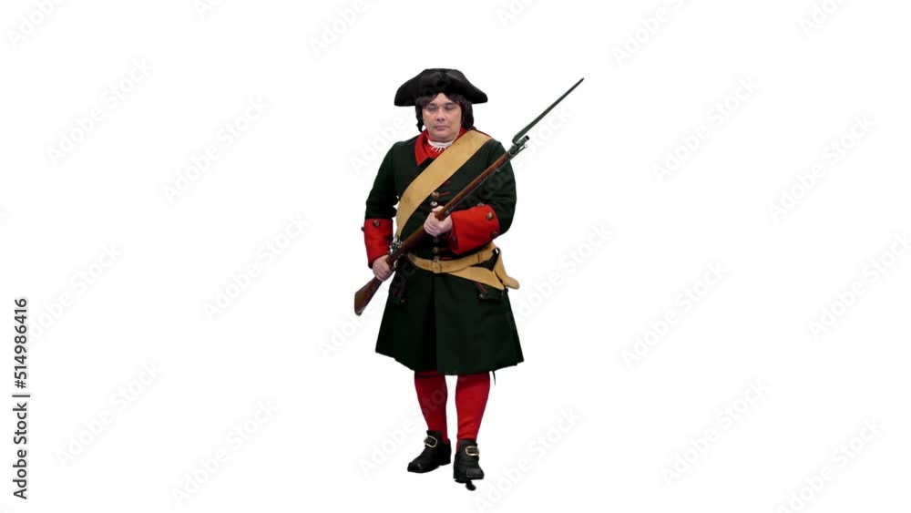 Russian infantryman of 18th century goes on attack with rifle with bayonet, Full HD footage with alpha transparency channel isolated on white background Russian infantryman of 18th century goes on attack with rifle with bayonet, Full HD footage with alpha transparency channel isolated on white background