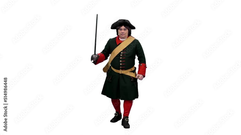 Russian infantryman of 18th century goes on attack with smallsword, Full HD footage with alpha transparency channel isolated on white background Russian infantryman of 18th century goes on attack with smallsword, Full HD footage with alpha transparency channel isolated on white background