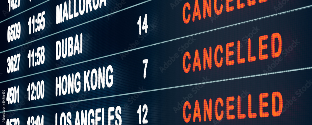 Obraz premium Cancelled flights to Hong Kong, Dubai and Los Angeles. Close up airport flight table on screen. Flights are cancelled or delayed. International airport, tourism and travel concept. 3D illustration